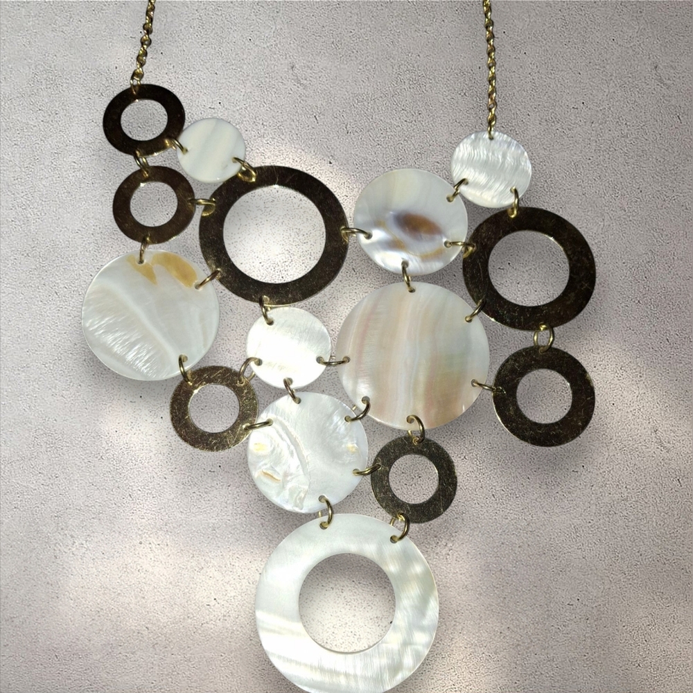 Mother Of Pearl Geometric Statement modern bib Necklace Goldtone - Picture 3 of 8